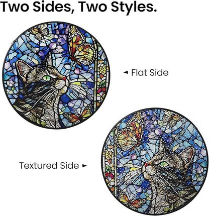 AELS Stained Glass 7.87" Round Suncatcher, Colorful Sun Catcher for Home Garden Window Decor, Window Hanging Ornament Gift for Friends and Family, Cat and Butterfly