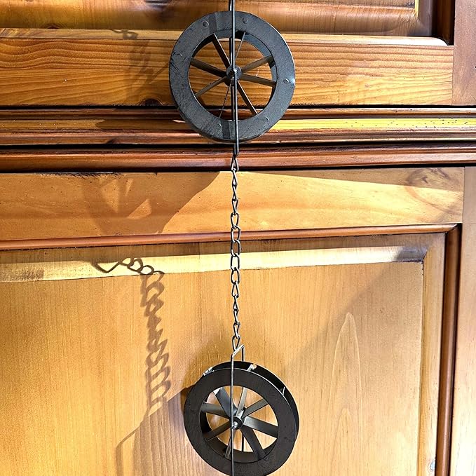 Things2Die4 78-Inch Metal Rain Chain with 6 Water Wheels & Weighted Bell, Rustic Brown Finish, Decorative Downspout Alternative for Rainwater Collection, Outdoor Garden Décor