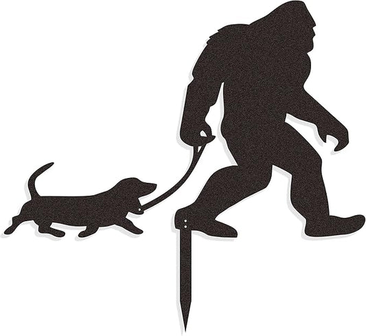 Bigfoot Garden Stake Laser Cut Metal Sasquatch Statue Walking Dachshund Dog on Leash Funny Yard Decor, Outdoor Metal Yard Art Silhouette, Sign for Garden & Lawn