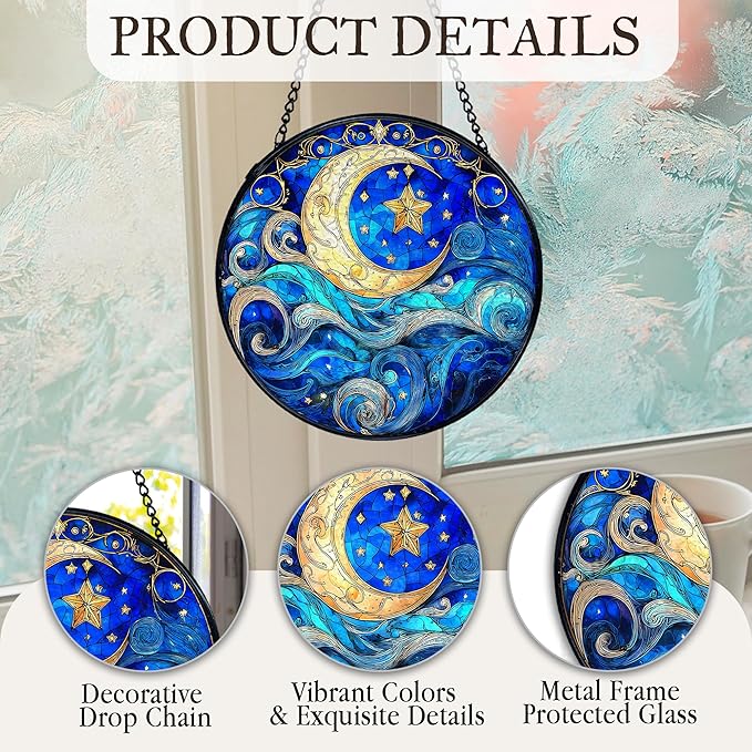 kdqua Moon and Star Suncatcher Stained Glass Window Hanging, Blue Celestial Astronomy Sun Catchers Indoor Window Glass Round Wall Decor, Moon and Stars Wall Art Hanging Decorations Statues, 7.9x7.9in