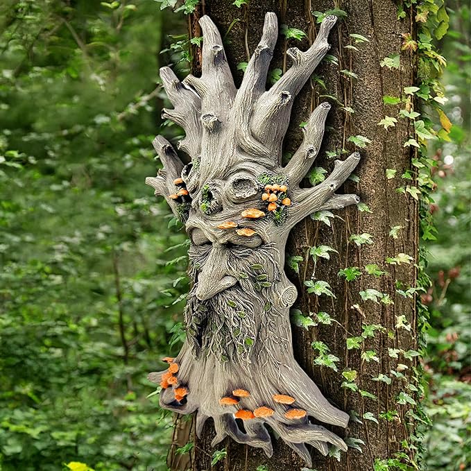 Teaeeno Charming Tree Face Garden Decor, Whimsical Old for Man Resin Statue with Foliage Features, Large Outdoor Tree Hugger for Yard Art, Root Detail,Trees Decor Outdoor Wallmounted Statue (Mushroom)