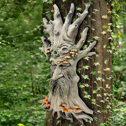 Teaeeno Charming Tree Face Garden Decor, Whimsical Old for Man Resin Statue with Foliage Features, Large Outdoor Tree Hugger for Yard Art, Root Detail,Trees Decor Outdoor Wallmounted Statue (Mushroom)