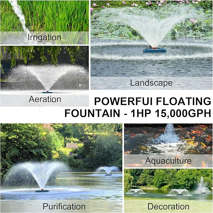 Pond Fountain Aerator, AS1 1HP 750W 15000GPH 110V High Flow Floating Water Fountain Pump With 100ft Power Cord, Thickened Body Aerating Fountains Cascade for Large Small Pond/Lake (No Timer)