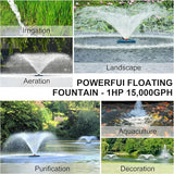 Pond Fountain Aerator, AS1 1HP 750W 15000GPH 110V High Flow Floating Water Fountain Pump With 100ft Power Cord, Thickened Body Aerating Fountains Cascade for Large Small Pond/Lake (No Timer)