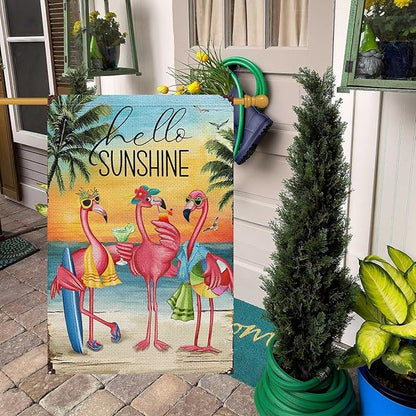 Heyfibro Flamingo Hello Sunshine Hawaii Tropical Beach Holiday Garden Flags 28x40 Double Sided Burlap Welcome Summer Tropical Ocean Sea Yard Flag for Seasonal Outdoor Party Decoration(ONLY FLAG)