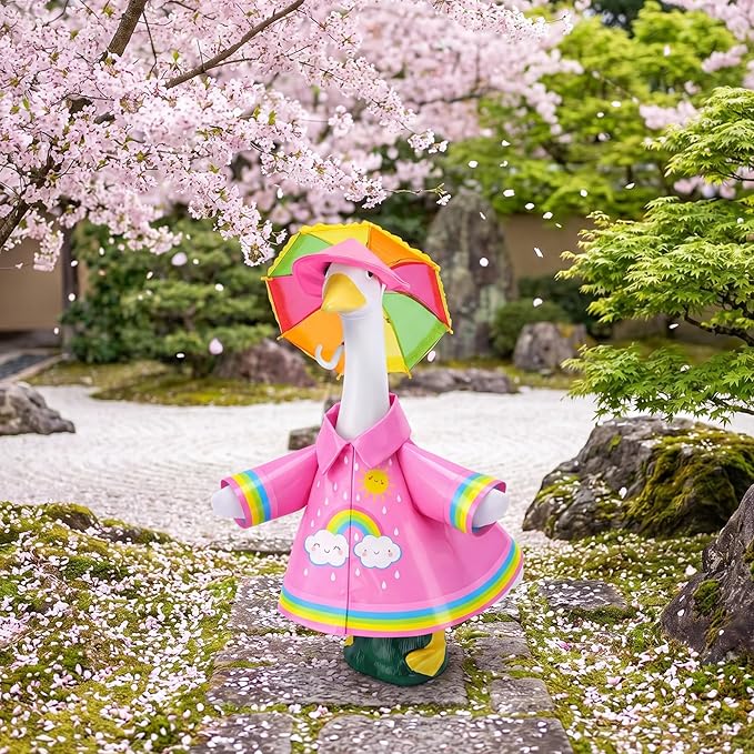 DECOHS 3 Pcs/Set Raincoat Porch Goose Outfits, Summer Lawn Goose Statue Raincoat Costume, Yard Goose Clothes Raincoats Umbrella Hat Outfit for 23" Statue Patio Garden Decoration (Rosy Rainbow)