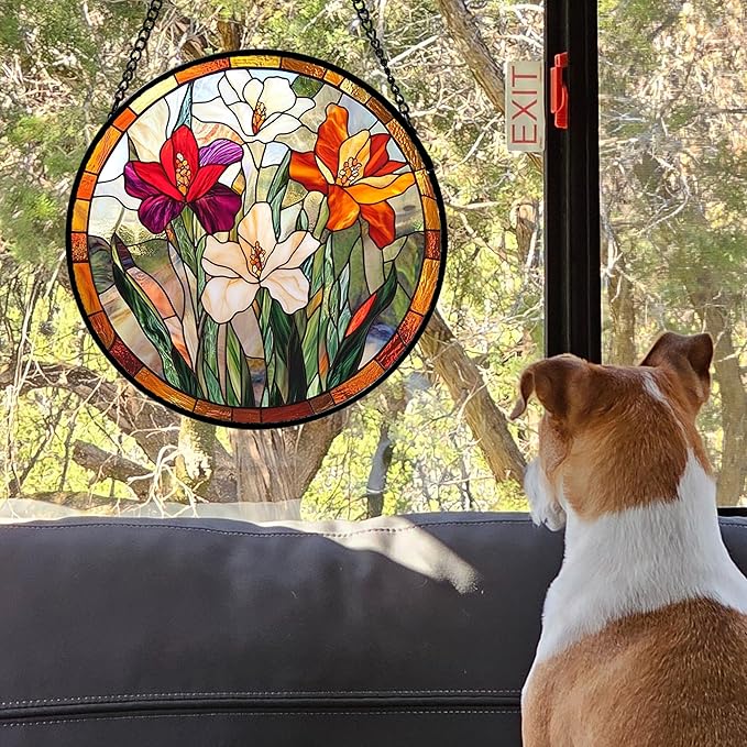 Stained Glass Window Hanging - Colorful Flower Suncatcher for Door Garden Home Decor Wildflowers Sun Catcher Christmas Birthday for Friend Lovers Women Mom Nana 9.8 in