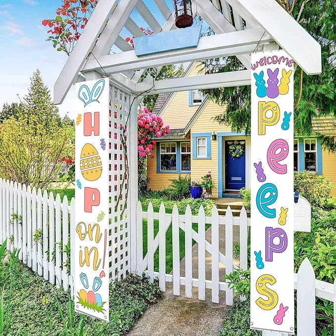 Easter Door Banner Porch Decor - Welcome Peeps Porch Sign - Bunny Hanging Banners Porch Decorations for Front Door Outside Yard Garden Party Supplies