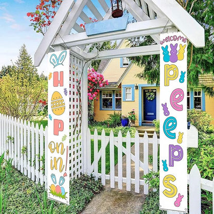Easter Door Banner Porch Decor - Welcome Peeps Porch Sign - Bunny Hanging Banners Porch Decorations for Front Door Outside Yard Garden Party Supplies