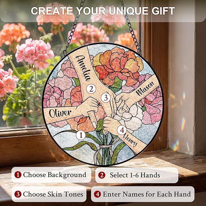 Personalized Mothers Day Stained Glass Gifts for Mom, Custom Name Windows Hanging, Suncatcher Ornament Decor Gift from Daugher Son Husband