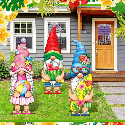Umigy 3 Pcs Summer Gnome Yard Sign 32 x 10 Inch Outdoor Summer Yard Decor with Stakes Watermelon Beach Ball Surfboard Gnome Lawn Sign Yards Art Stakes for Outdoor Lawn Backyard Porch Garden Decoration