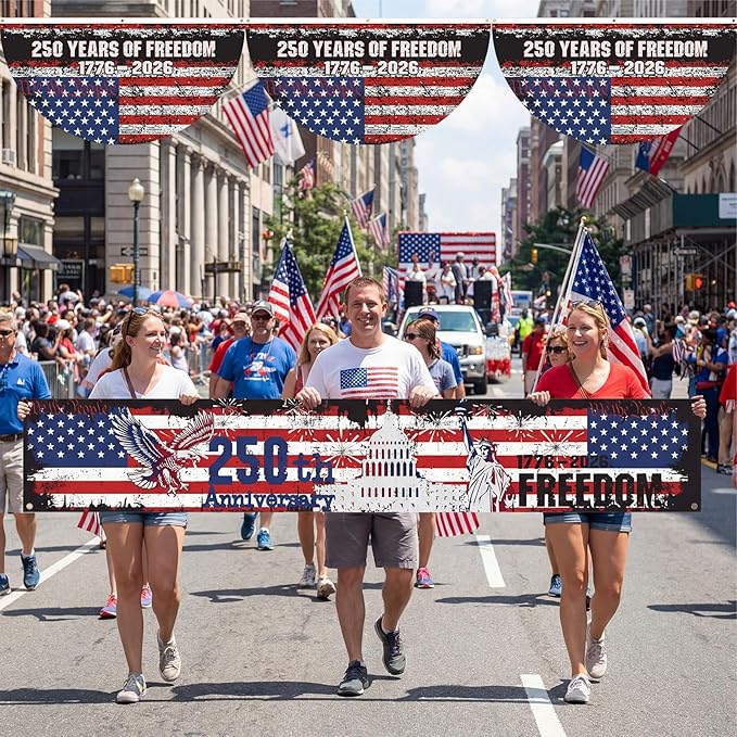 Chumia 5 Pcs USA 250th Anniversary Decoration Set Include 4 Patriotic Fan Banners 1 Large Fence Banner 1776-2026 Semiquincentennial Outdoor Bunting for 4th of July, Memorial Day, Patriotic Party Decor