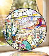 Stained Glass Window Hanging Suncatchers with Desert Cactus 12.6", Vibrant Glass Panel with Metal Chain for Home Decor Gift for Women Mother's Day, Birthday, Men, and Mom