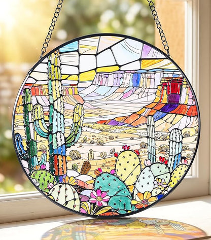 Stained Glass Window Hanging Suncatchers with Desert Cactus 12.6", Vibrant Glass Panel with Metal Chain for Home Decor Gift for Women Mother's Day, Birthday, Men, and Mom
