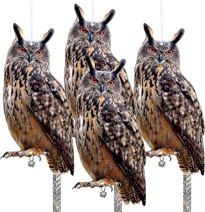 Owls to Keep Birds Away: 4Pack Fake Owl with Reflective Tape for Vineyard Garden Patio Pool, Reflective Hanging Decoration to Keep Birds Pigeon from Windows Tree Orchard