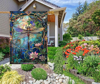 Stained Glass Dragonfly House Flag Spring Summer Yard Flag Floral Decorative Flags for Outside 28x40 Double Sided Large Seasonal Garden Flags Outdoor Indoor Yard Garden Decor