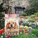 Heyfibro Welcome Spring Summer Flower Garden Flag 12x18 Inch Double Sided Burlap,Cute Golden Retriever Dog Butterfly Yard Flag for Seasonal Holiday Farmhouse Outdoor Decor(ONLY FLAG)