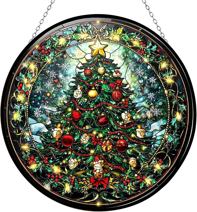 Christmas Tree Stained Glass Window Hanging Window Suncatcher 12" Glass Panel with Metal Chain Sun Catchers Wall Art Home Decor Gift for Women Mother's Day