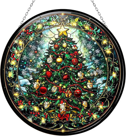 Christmas Tree Stained Glass Window Hanging Window Suncatcher 12" Glass Panel with Metal Chain Sun Catchers Wall Art Home Decor Gift for Women Mother's Day