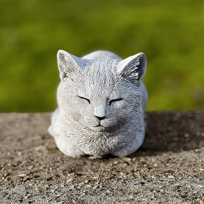 OLOMA Concrete Cat Statue - Grey Stone - Modern - Outdoor Animal Statue - Cat Memorial - Garden Decor - Kitten Figurine - Heavy & Solid - Weather Resistant