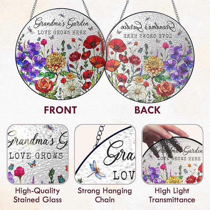 FLAGWIX Grandma Birthday Gifts - Grandmas Garden Stained Glass Window Hanging with Base 10 in - Birthday Gift for Grandma, Grandparents Day Gifts for Nana Gigi, Sun Catchers Indoor Window