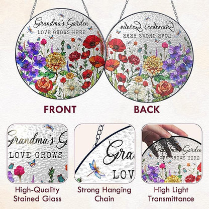 FLAGWIX Grandma Birthday Gifts - Grandmas Garden Stained Glass Window Hanging with Base 10 in - Birthday Gift for Grandma, Grandparents Day Gifts for Nana Gigi, Sun Catchers Indoor Window