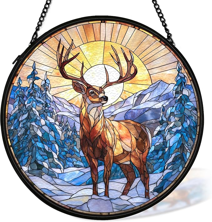Winter Wonderland Christmas Deer Suncatcher Stained Glass Window Hanging Decorstions, Landscape Stained Glass Wall Decor, Winter Solstice Gifts, Forest Garden Sun Catchers Window Art, 7.9x7.9In