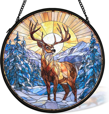 Winter Wonderland Christmas Deer Suncatcher Stained Glass Window Hanging Decorstions, Landscape Stained Glass Wall Decor, Winter Solstice Gifts, Forest Garden Sun Catchers Window Art, 7.9x7.9In