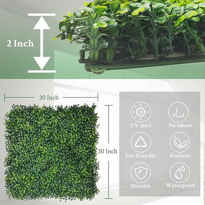 Artificial Boxwood Panels,20"x 20"(12P) 4-Layer Leaf UV-Protected Grass Wall Backdrop Panels for Outdoor, Indoor, Garden&Fence Covering Privacy, Backyard and Decor