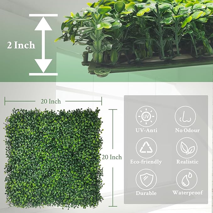 Artificial Boxwood Panels: 20"x 20"(16P) 4-Layer Leaf UV-Protected Grass Wall Backdrop Panels for Outdoor, Indoor, Garden&Fence Covering Privacy, Backyard and Decor
