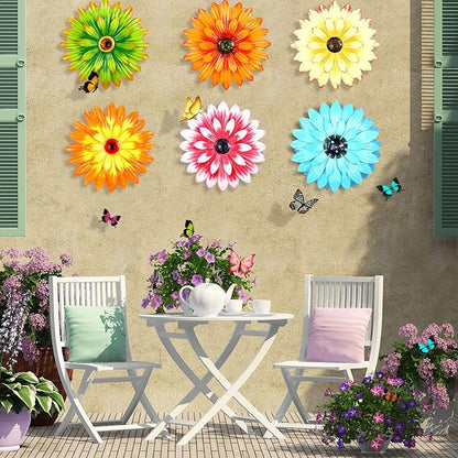 Photect 6 Pcs Metal Flowers Wall Decor Hanging Outdoor Metal Daisy Wall Art Decorations Multiple Layer 3D Daisy Flowers for Garden Farmhouse, 8 Inch(Classic Color)