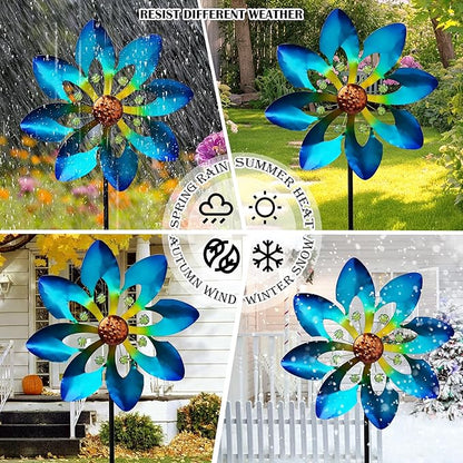 COOZZYHOUR Outdoor Metal Flower Wind Spinners,36 Inch Blue Flower Windmill with Stake,Pinwheels for Yard Lawn Patio and Garden Decor-Blue