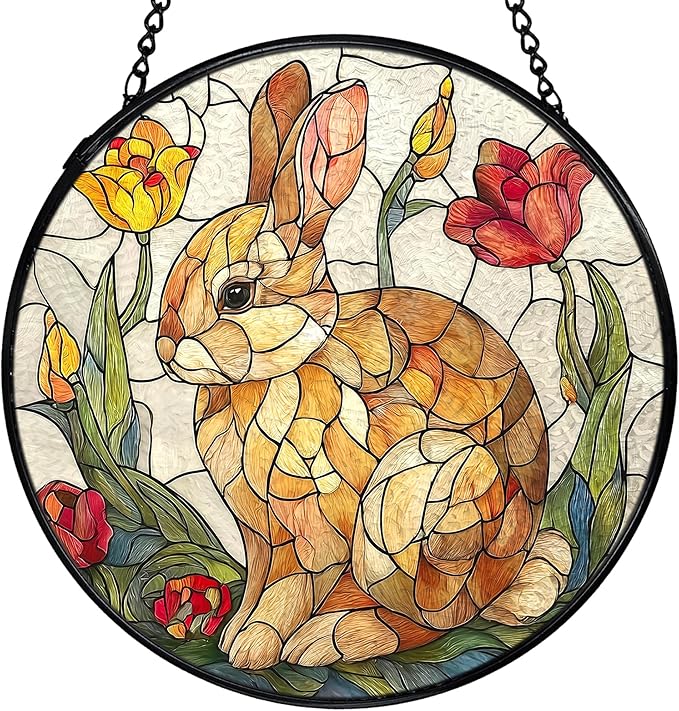 Easter Bunny Flower Suncatcher Stained Glass Window Hanging, Rabbit Floral Sun Catchers Indoor Window Glass Wall Art Decor, Easter Bunny Wall Hanging Decor Decorations, 7.9x7.9 Inch