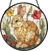 Easter Bunny Flower Suncatcher Stained Glass Window Hanging, Rabbit Floral Sun Catchers Indoor Window Glass Wall Art Decor, Easter Bunny Wall Hanging Decor Decorations, 7.9x7.9 Inch