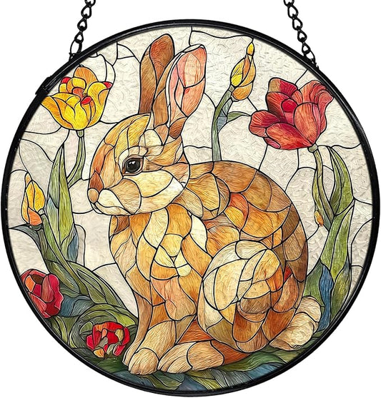 Easter Bunny Flower Suncatcher Stained Glass Window Hanging, Rabbit Floral Sun Catchers Indoor Window Glass Wall Art Decor, Easter Bunny Wall Hanging Decor Decorations, 7.9x7.9 Inch