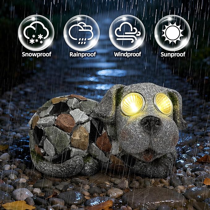 Outdoor Garden Decor Solar Dog Statue & Sculpture, Cute Dog Garden Statue, Solar Yard Decorations for Lawn Patio Front, Stone Resin Figurine ldeal Gift for Mom