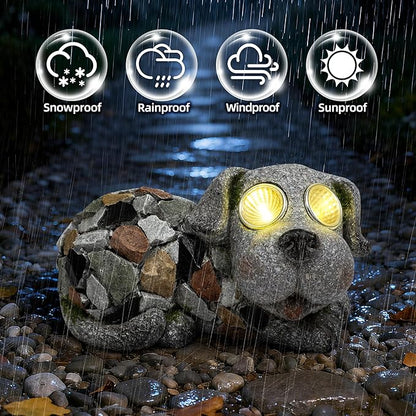 Outdoor Garden Decor Solar Dog Statue & Sculpture, Cute Dog Garden Statue, Solar Yard Decorations for Lawn Patio Front, Stone Resin Figurine ldeal Gift for Mom