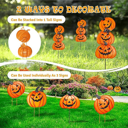 Halloween Metal Pumpkin Yard Stakes, Stackable Pumpkin Signs Garden Stake with Witch Door Hanging, Outdoor Halloween Decorations for Lawn Party (Set of 3, Style B)