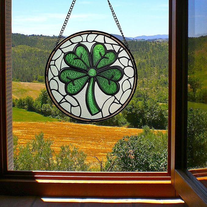 Stained Glass Window Hanging Green Lucky Clover 6.3" - Suncatcher Door Garden Sun Catcher Irish Decoration Birthday Christmas St. Patrick's for Mom Men Woman Nana