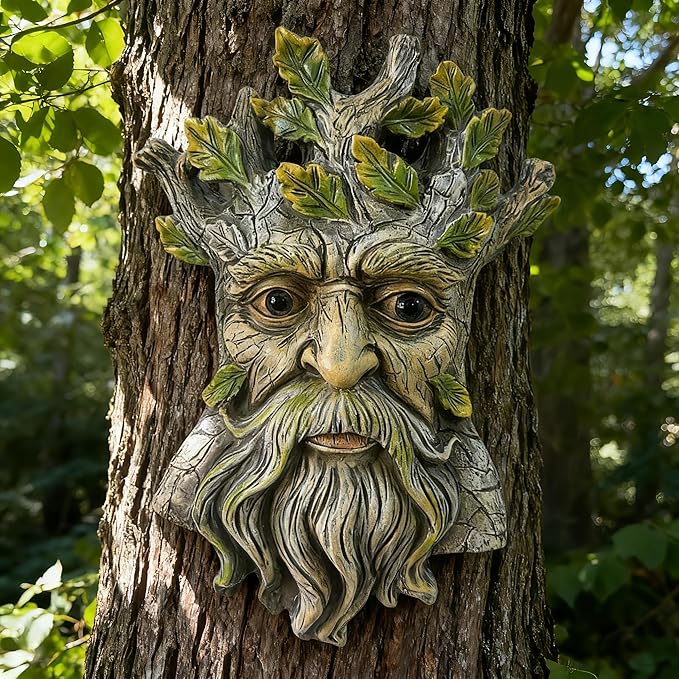 Teaeeno Whimsical Tree Face Garden Decoration, 9.8 in Tree Faces Decor Outdoor Wallmounted Statue Art with Leaf Features, Outdoor Decor Garden Accessory (Nature and Outdoors)
