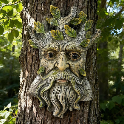 Teaeeno Whimsical Tree Face Garden Decoration, 9.8 in Tree Faces Decor Outdoor Wallmounted Statue Art with Leaf Features, Outdoor Decor Garden Accessory (Nature and Outdoors)