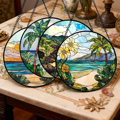DASTOLL Stained Glass Window Hanging 4 Pcs Set Blue Ocean Coconut Tree Scenery 9.8" - Suncatcher Door Garden Sun Catcher Decor Birthday Christmas for Mom Woman Nana Men