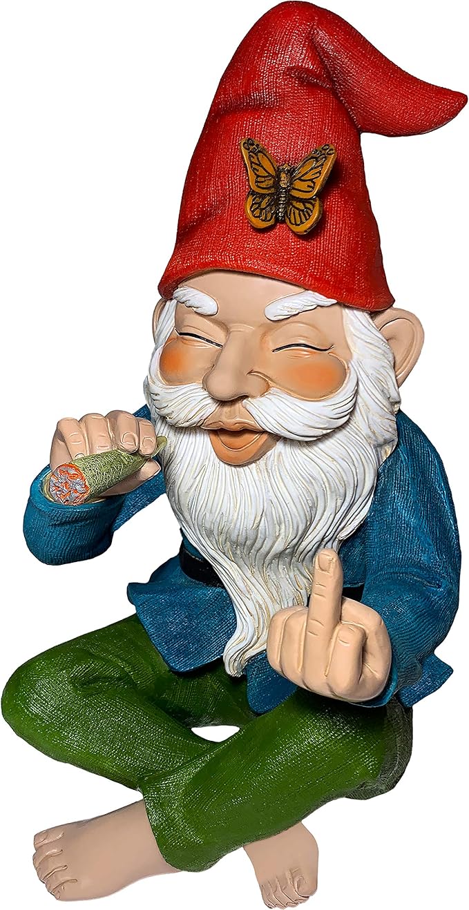 Mood Lab Funny Garden Gnome - Relaxed Smoking Statue with Middle Finger - 9.6 Inch Tall Outdoor or Indoor Decor