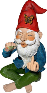Mood Lab Funny Garden Gnome - Relaxed Smoking Statue with Middle Finger - 9.6 Inch Tall Outdoor or Indoor Decor