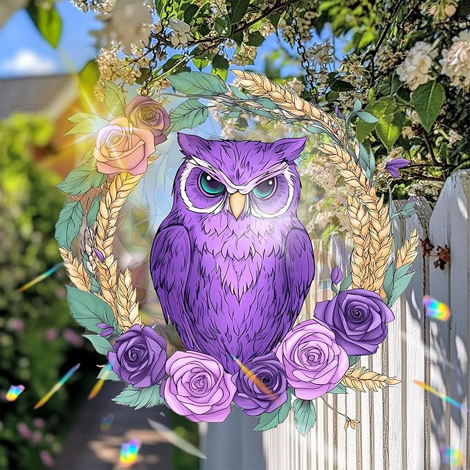 VAIIEYO Owl Acrylic Sun Catcher Window Hanging Decoration, 7.8 Inch Double-Sided Light Reflecting Ornament for Window, Garden, Porch or Balcony Decor, Housewarming, Gift for Natural Lovers