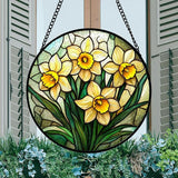DASTOLL Stained Glass Window Hanging, Daffodil Plant Flowers Sun Catchers Diamond Glass Panel Hangings Suncatcher Decor for Birthday for Women, Men, Wife, Aunt, and Mom 14.9x14.9 in