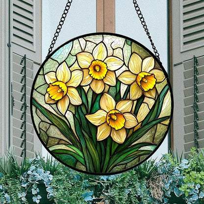 DASTOLL Stained Glass Window Hanging, Daffodil Plant Flowers Sun Catchers Diamond Glass Panel Hangings Suncatcher Decor for Birthday for Women, Men, Wife, Aunt, and Mom 14.9x14.9 in
