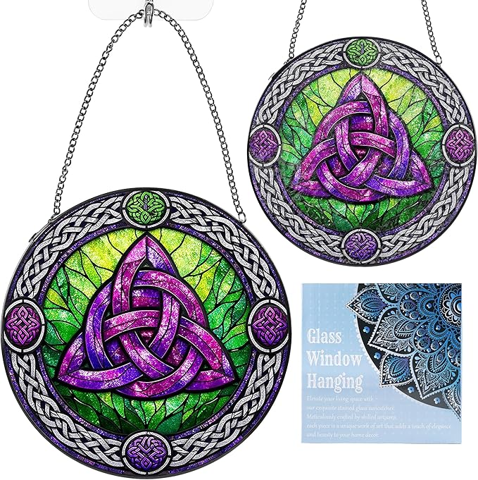 Stained Glass Window Hanging Suncatcher, 8" Round Celtic Knot Sun Catcher, Purple and Green Decorative Glass Art for Home Garden, Gift for Women Mom Gradma