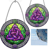 Stained Glass Window Hanging Suncatcher, 8" Round Celtic Knot Sun Catcher, Purple and Green Decorative Glass Art for Home Garden, Gift for Women Mom Gradma