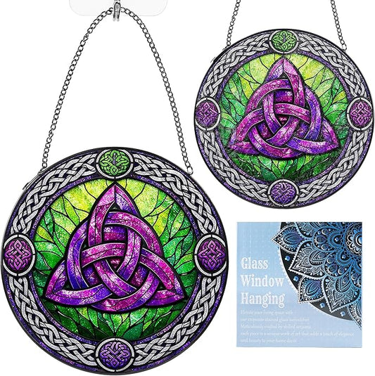 Stained Glass Window Hanging Suncatcher, 8" Round Celtic Knot Sun Catcher, Purple and Green Decorative Glass Art for Home Garden, Gift for Women Mom Gradma